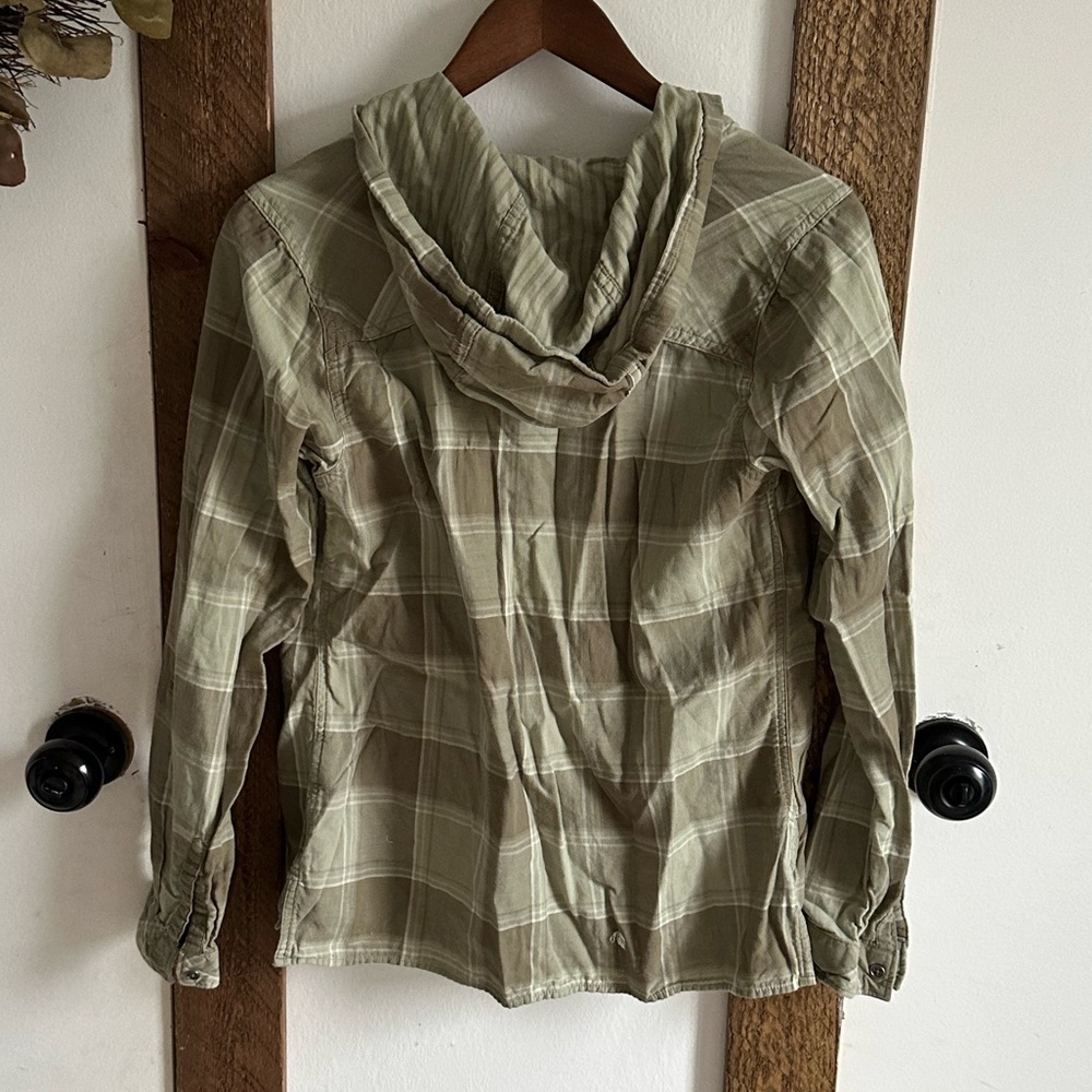 Y2K Columbia Flannel Hoodie Womens Small Plaid Check ButtonUp Olive Green Cotton